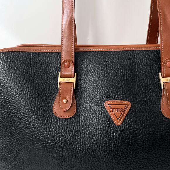 GUESS Black Cognac Leather Satchel Laptop Bag 90s Vintage Oldmoney Corporate - Picture 5 of 9